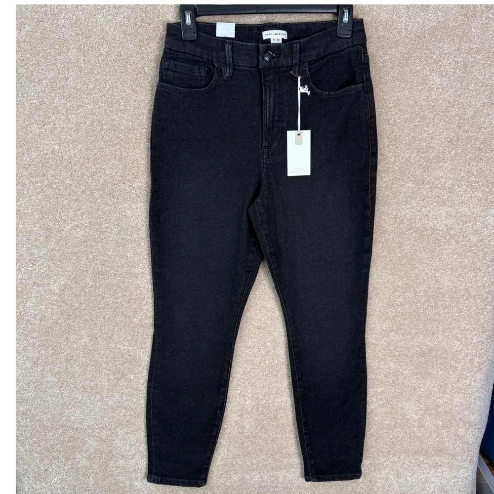 NWT GOOD AMERICAN Skinny Jeans Women's 8/29 Black Good Petite Mid Rise Stretch